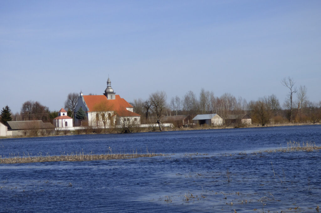 Wiosenne rozlewisko rzeki Wieprz. Na drugim brzegu kościół