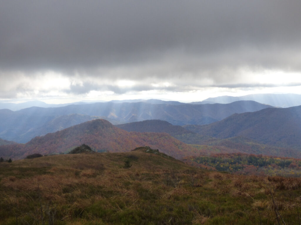 Bieszczady jesienią Łagodne, trawiaste szczyty, nisko wiszące chmury, widać promienie słońca. Na pierwszym planie łąka czyli połonina.