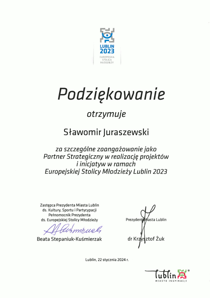 Tekst podziękowań dla Sławomira Juraszewskiego od prezydenta Lublina. Na górze logo Lublina