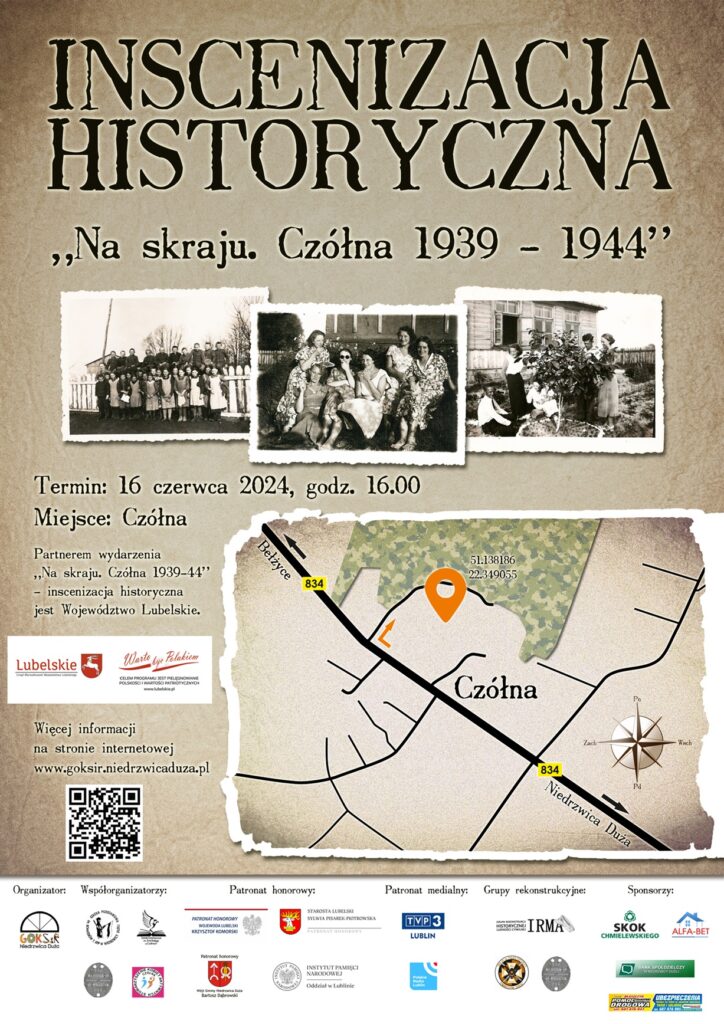 Zaproszenie na inscenizację historyczną w miejscowości Czółna. Trzy historyczne czarno białe fotografia oraz mapa dojazdu i QRkod
