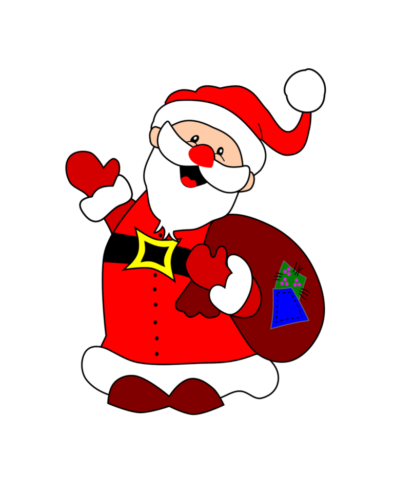 Mikołaj. Czerwona czapka z białym pomponem, białe wąsy i broda, czerwony strój, brązowy worek z dwoma łatami: zielona i niebieską.