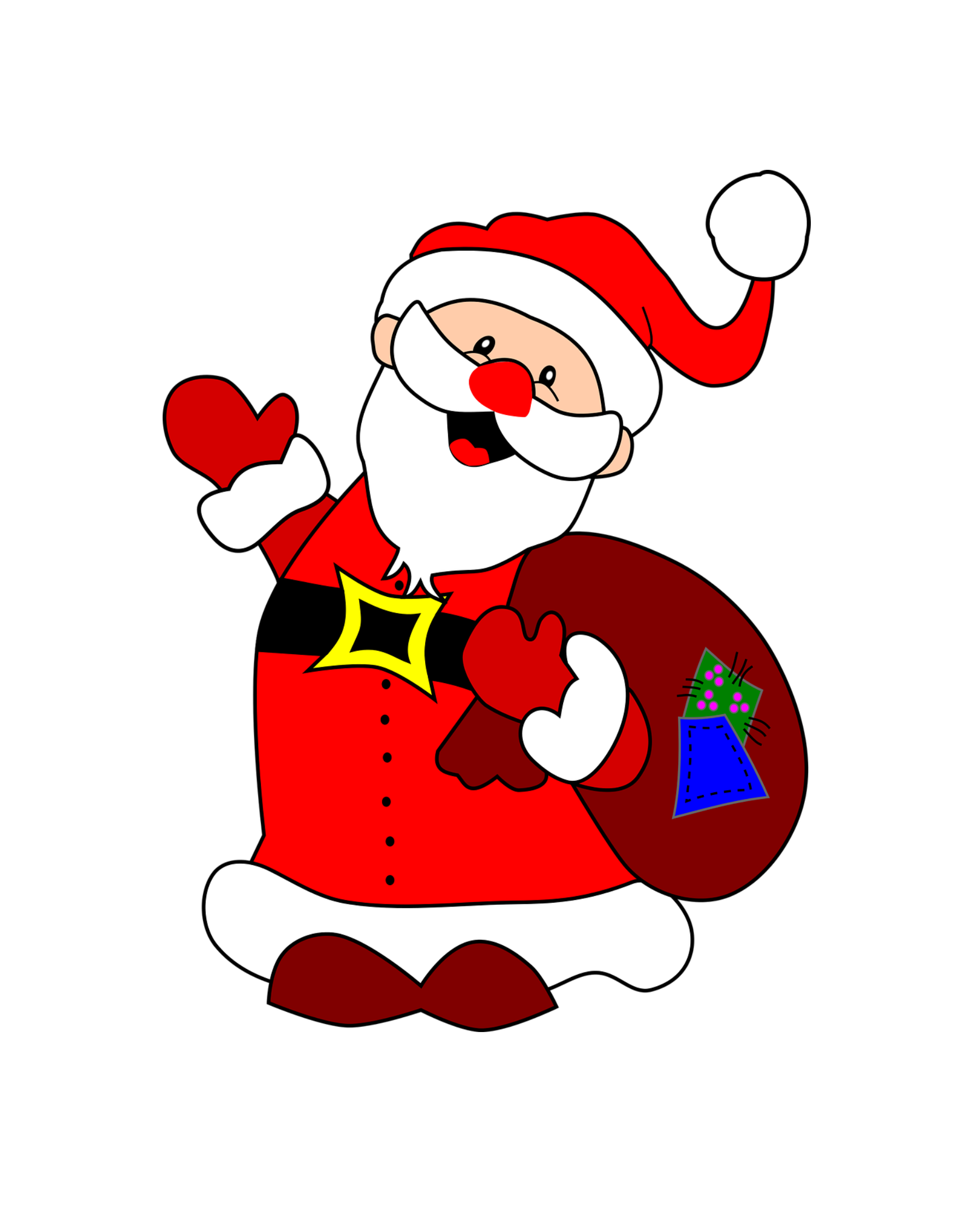 Mikołaj. Czerwona czapka z białym pomponem, białe wąsy i broda, czerwony strój, brązowy worek z dwoma łatami: zielona i niebieską.