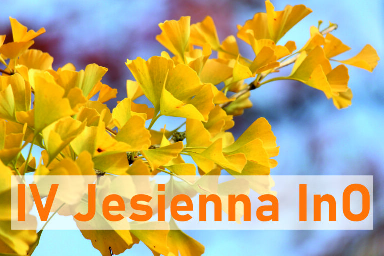 żółte liście miłorzębu japońskiego na niebiesko białym tle. na dole pomarańczowy napis: 4 Jesienna InO.