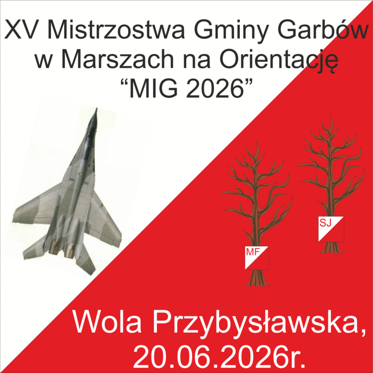 Logo XV Mistrzostw Gminy garbów w Marszach na orientację MIG 2026. Stworzone na planie punktu kontrolnego: biało czerwony kwadrat, zbudowany z dwóch trójkątów: lewy górny jest biały, a prawy dolny czerwony. Z lewej sylwetka samolotu Mig, z prawej dwa drzewa. Na dole napis: Wola Przybysławska, 20.06.2026r.